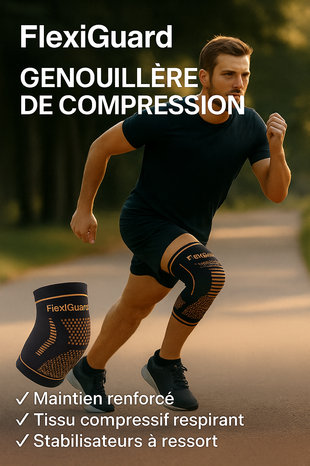 Genouillère de compression FlexiGuard portée sur genou